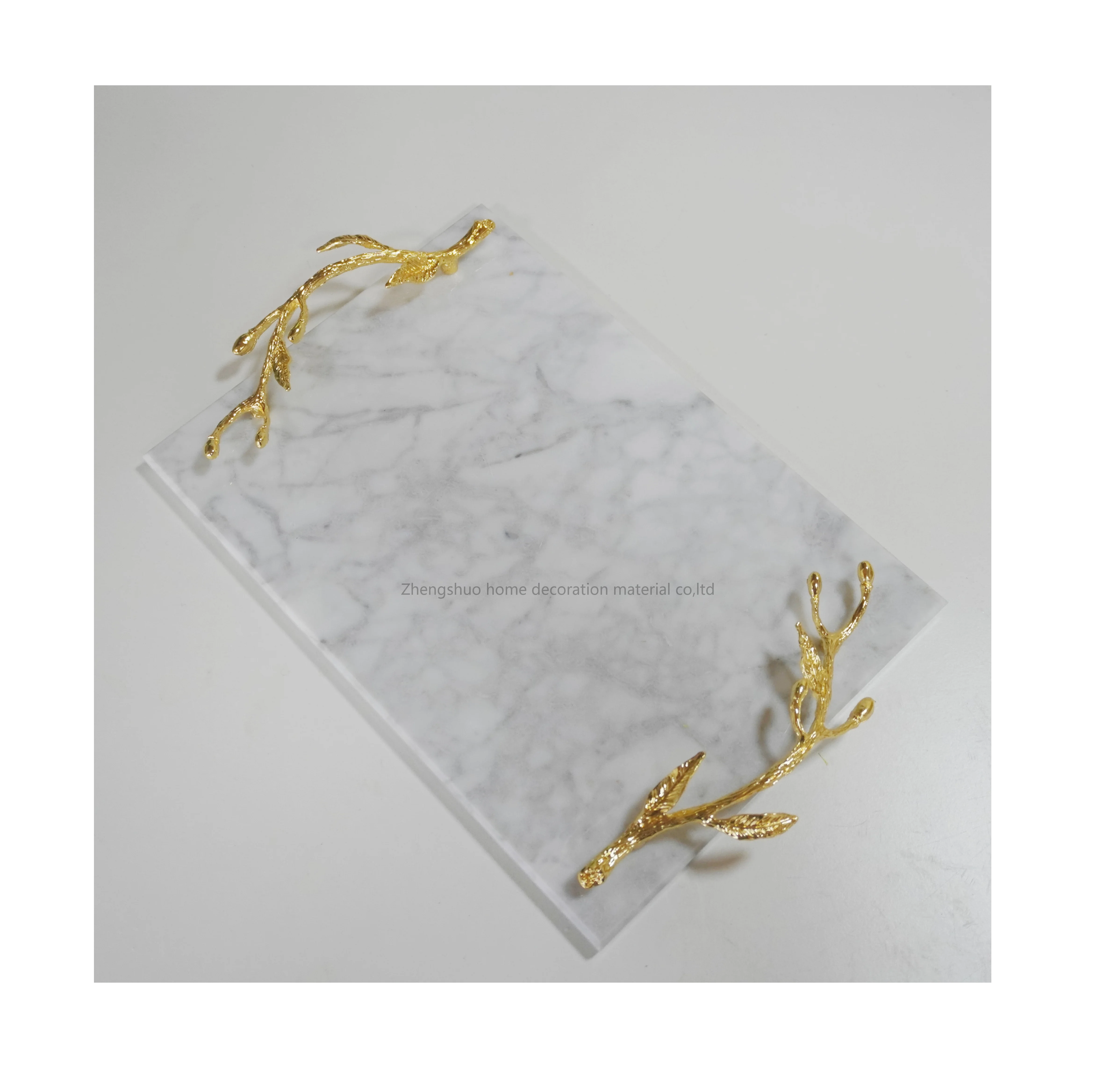 Factory wholesale  natural  white marble tray with gold flowers handles  for home decor