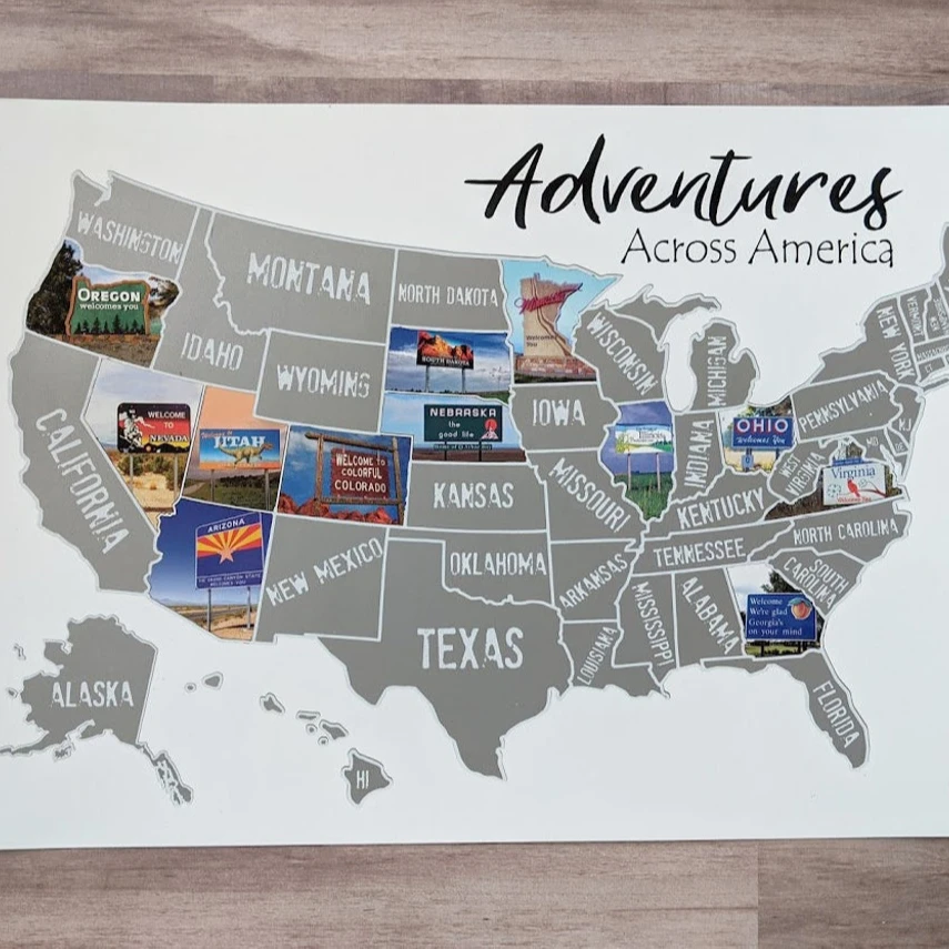 Индивидуальный размер и дизайн, границы США, государственные границы, приветственные знаки Соединенных Штатов, дорожный постер, карта с царапинами