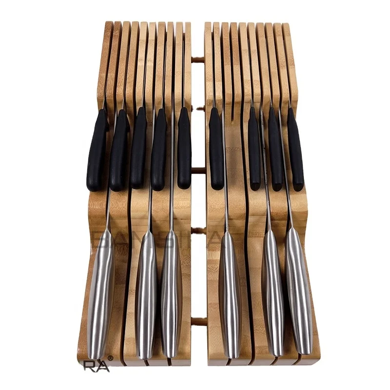 Space Saver Large handle Steak knife Holder 100% Pure Bamboo Kitchen Knife Drawer Organizer