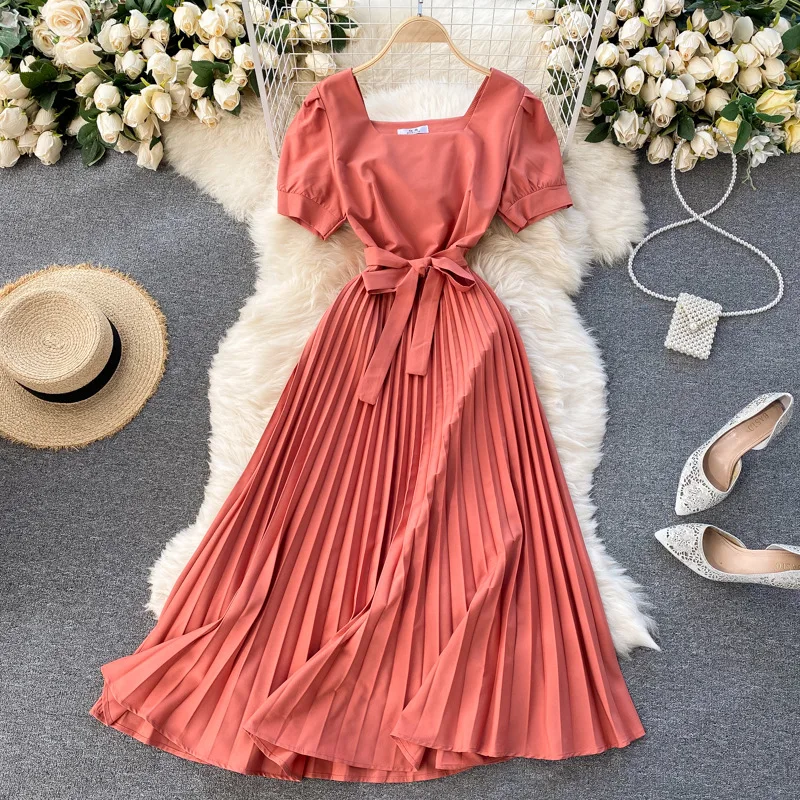 2021 summer long puff sleeve korean dress lady V-neck lace up waist ruffled a-line skirt casual dresses