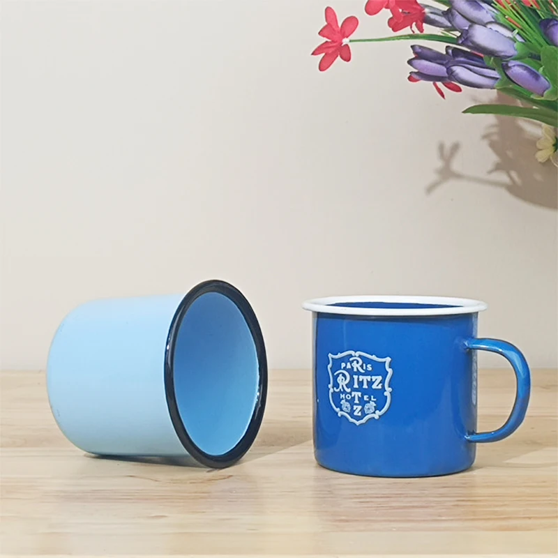 supplier blank colour black Metal Customized logo design reusable unbreakable travel enamel Coffee mug for Sublimation Printing