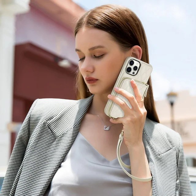 Custom Puer Color Phone Case For Iphone 15 14 13 12 Pro Max With Card Slots Leather Wallet Crossbody Phone Case With Strap