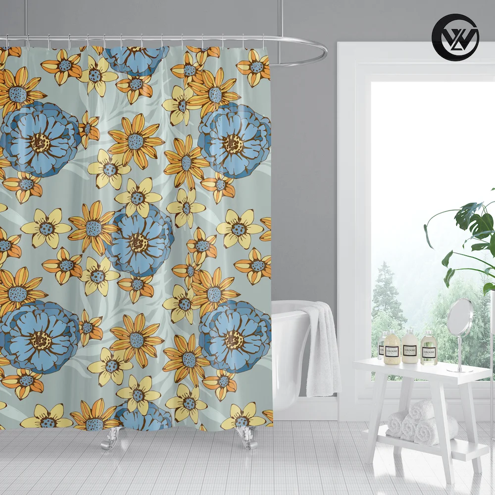 Modern Printed Wild Chrysanthemum Bath Shower Curtain, 2020 Printing Flower Hotal Shower Curtain/