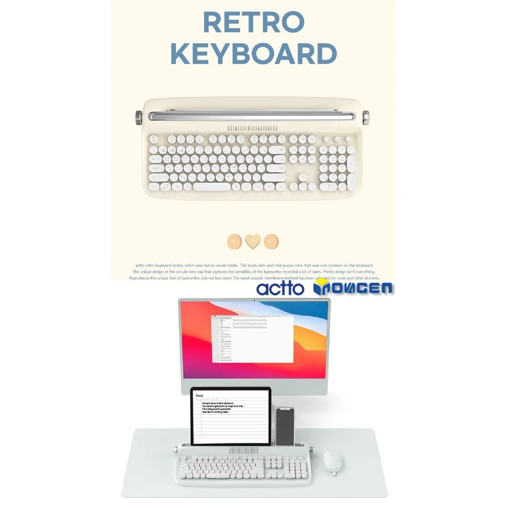 ACTTO B503 106 keys Wireless Keyboard,Android/Windows/IOS Support,Retro BT 5.0 Keyboard with Integrated Stand