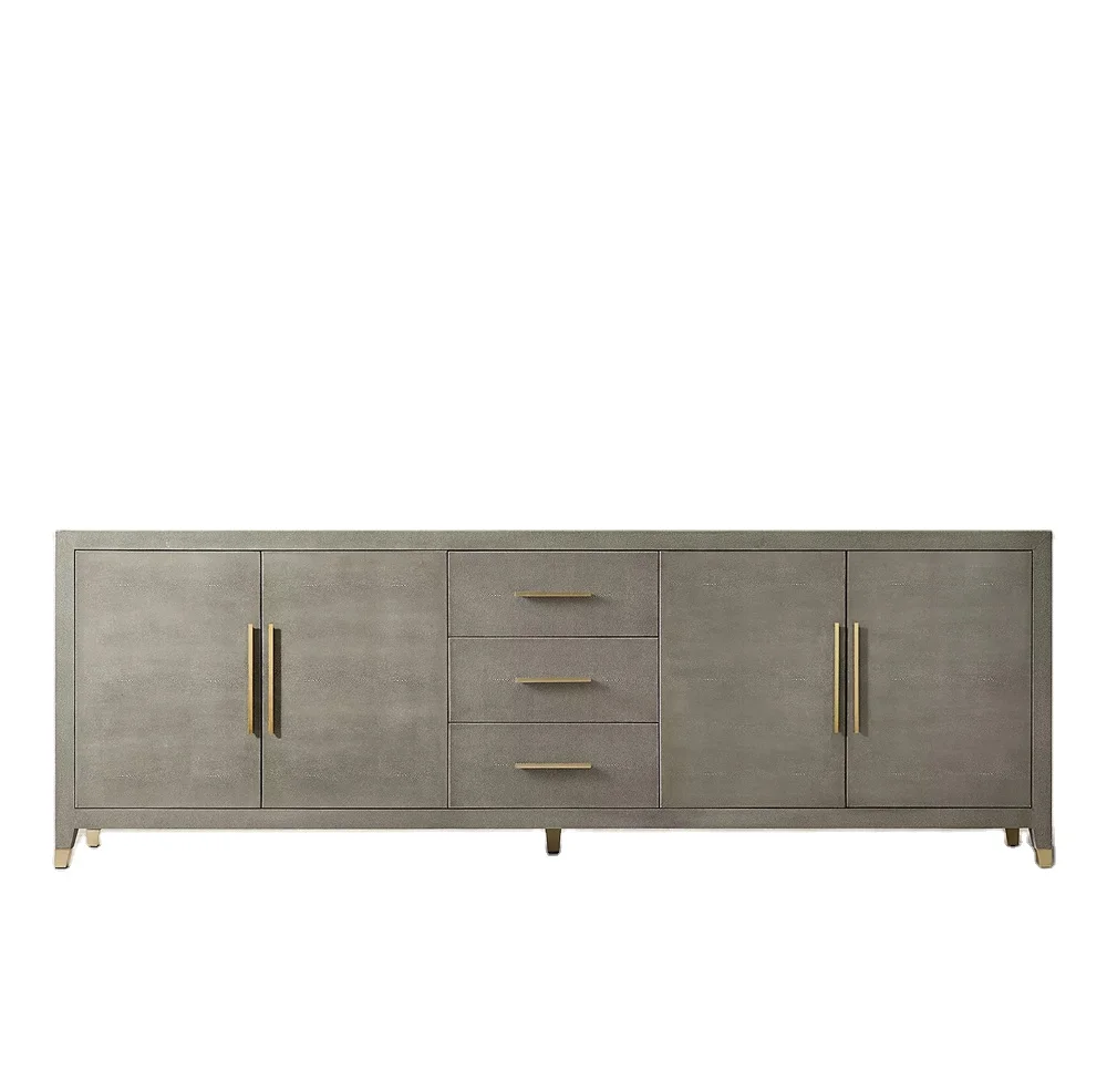 
Home furniture dining room furniture shagreen-embossed leather metal handle glass panel 4-door sideboard with drawers 