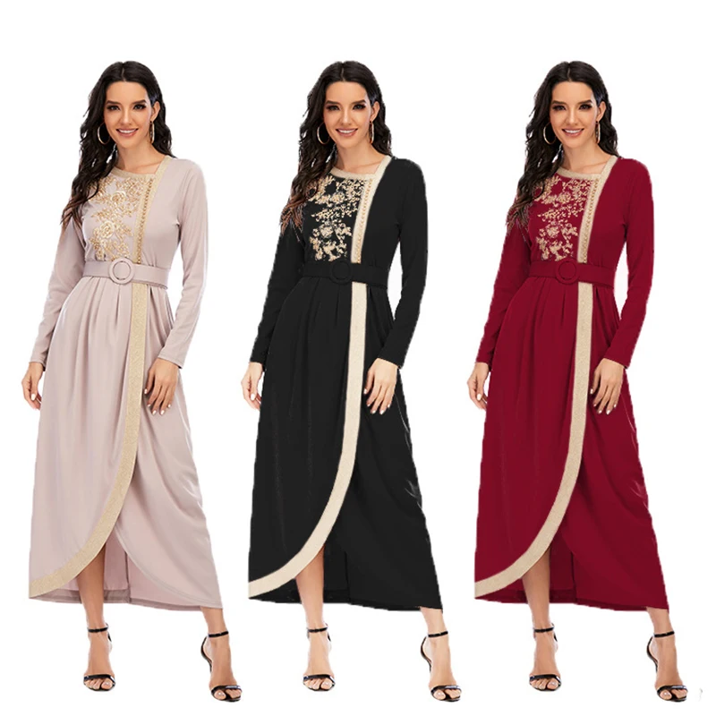 Maxi Dress Abaya Islamic Clothing Dubai Muslim Women Embroidery Beading Elegant Long Dress With Belt