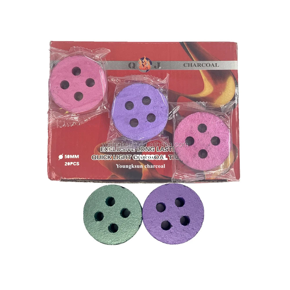YKS UAE 4 holes 50mm instant lighting colorful round incense shisha hookah charcoal tablets