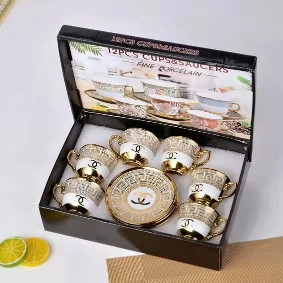 Cheap Promotional Gift Japanese Turkey Arabic Tea Coffee 12PCS Cups Saucers Set Ceramic Mugs Gild Gold