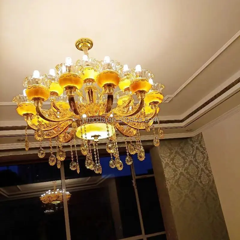 Royal classical custom round large yellow jade chandeliers living room pendant ceiling light luxury golden crystal chandelier