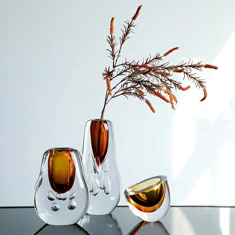 Bixuan Handmade Mouthblown Art Glass Vase Ripple Layering Amber Solid Color Table Decor Centerpieces Thick Glass Vase, 14cm