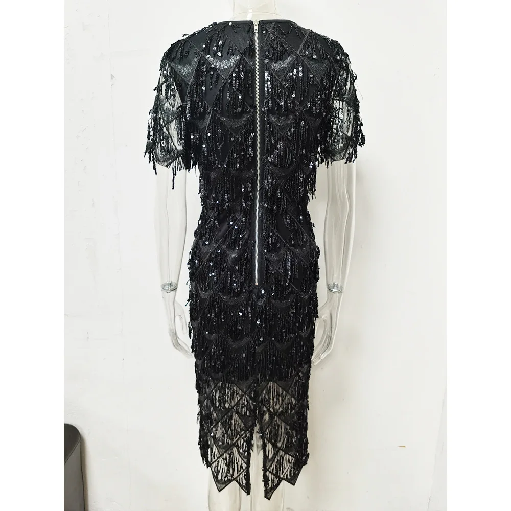 2021 Luxury High Quality Temperament Sexy Short Sleeve Black Tassel Sequins Formal Elegant Evening Dress