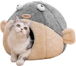 ZYZPET Cat Bed Cave with Washable Cushioned Pillow, Soft Plush Premium Cotton No Deformation Pet Bed, Cat House Design, Grey