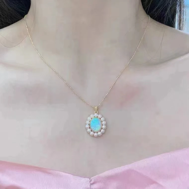 Luxury Fashion Au750 Pure 18K Gold Opal Stone Pearls Pendants Necklace Women Ladies Bridal Engagement Wedding Fine Jewelry