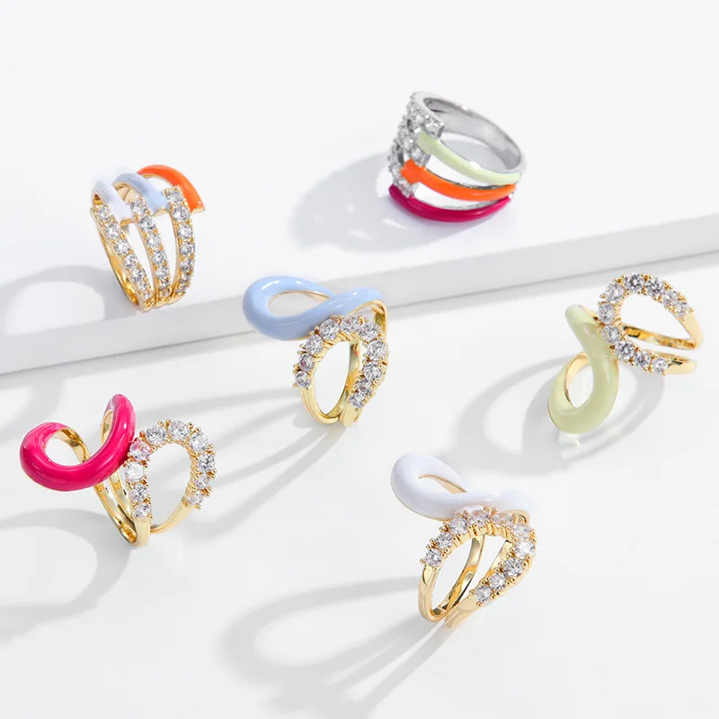 Candy color gold microscope zircon geometric brass ring retro enamel rings for woman