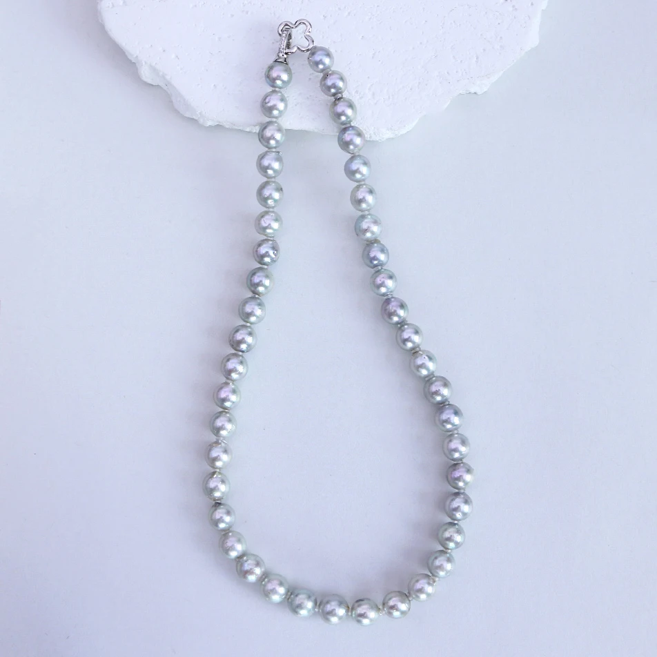 S925 Silver Accessories Sea Water Core Genuine Hemp Necklace 8-10mm Near Round with Minor Flaws