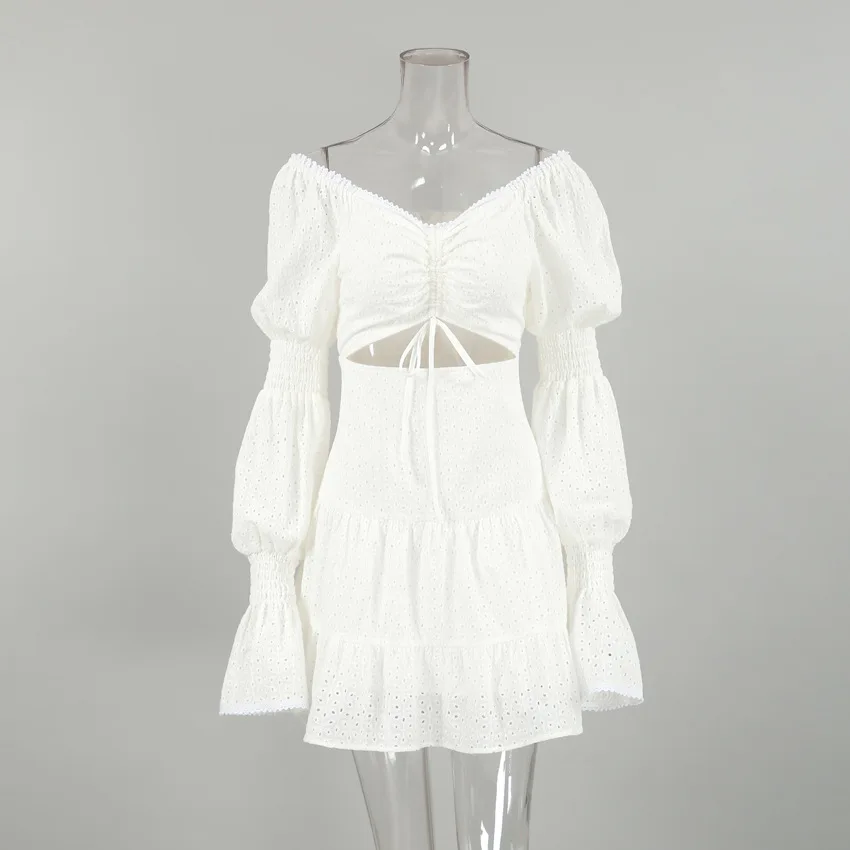 2024 Mini Dress tiered Woven Cut Out Crochet V-neck White Long Sleeve Eyelet Skater Mini Dress
