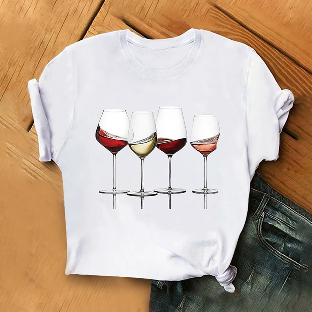
Short Sleeve Custom logo T Shirt Women T-shirt Summer Cute Wine glass Print Graphic Tees Tops Clothing Women T-shirt 