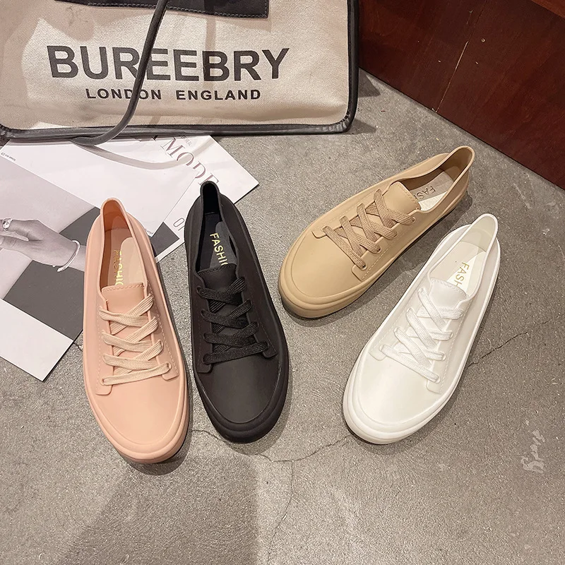 New fashion four seasons shoelaces students small white shoes female pvc simple solid color women light mouth rain shoes