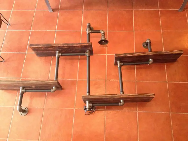 Rustic Industrial Wood and pipe wall shelf   Lamp Room Vintage Industry Iron Loft Water Pipe Shelf Wall Light Bookshelf