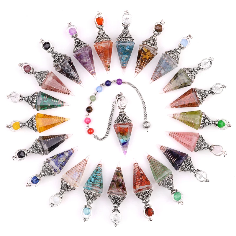 High Quality  Natural Amethyst Gemstone Cutting Six-Sided Pyramid Resin Pendant with Sterling Silver Chain Pendant Accessories
