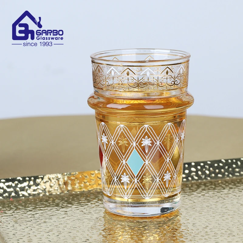 Top sales Morocco printed 130ml glass tea cup with silver&golden customized designs gold rim tea glass moroccan tea set