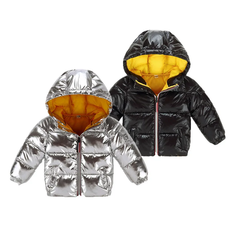 
Winter Autumn Zipper Coats Bubble Boys Girls Bomber Down-Like Shiny Metal Color Hooded Silver Puffer Kids Varsity Jackets 