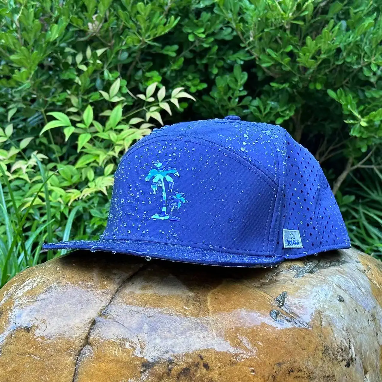 Custom Print Pattern 7 Panel Rubber Patch PVC Logo Flat Bill Waterproof Laser Cutting Drilled Holes Perforated Snapback Caps Hat