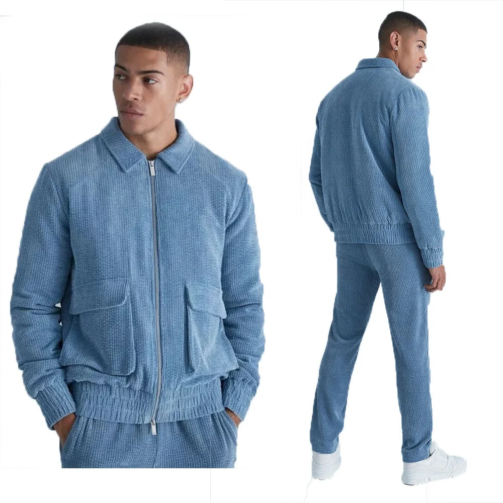 KY Zip Up Cargo Pockets Jackets Corduroy Pants Men Two Piece Set Winter Suit For Men