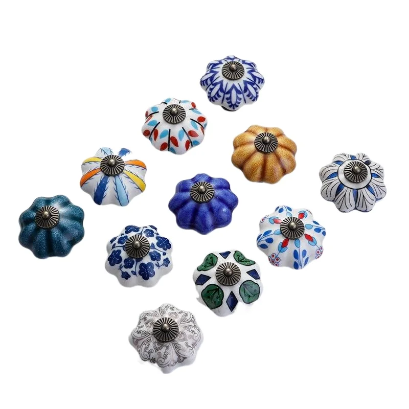 Hand painted ceramic handles blue and white porcelain classical cabinet doors drawers rural pumpkin furniture handles