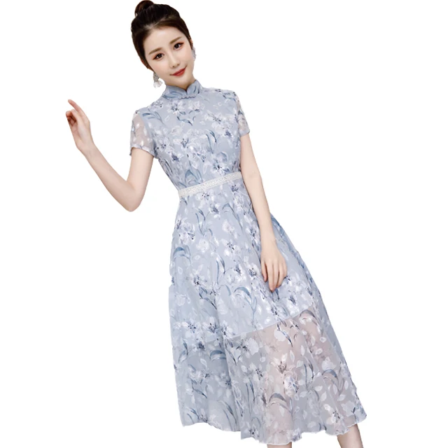 Китайский современный модный Чонсам новейшего дизайна, длинное расклешенное платье-Ципао с цветочным узором, шифоновое платье с коротким рукавом для женщин