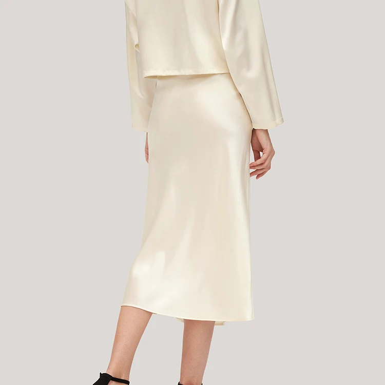 Factory custom label pure silk high waisted long skirts with slit luxury 100% mulberry silk split skirt