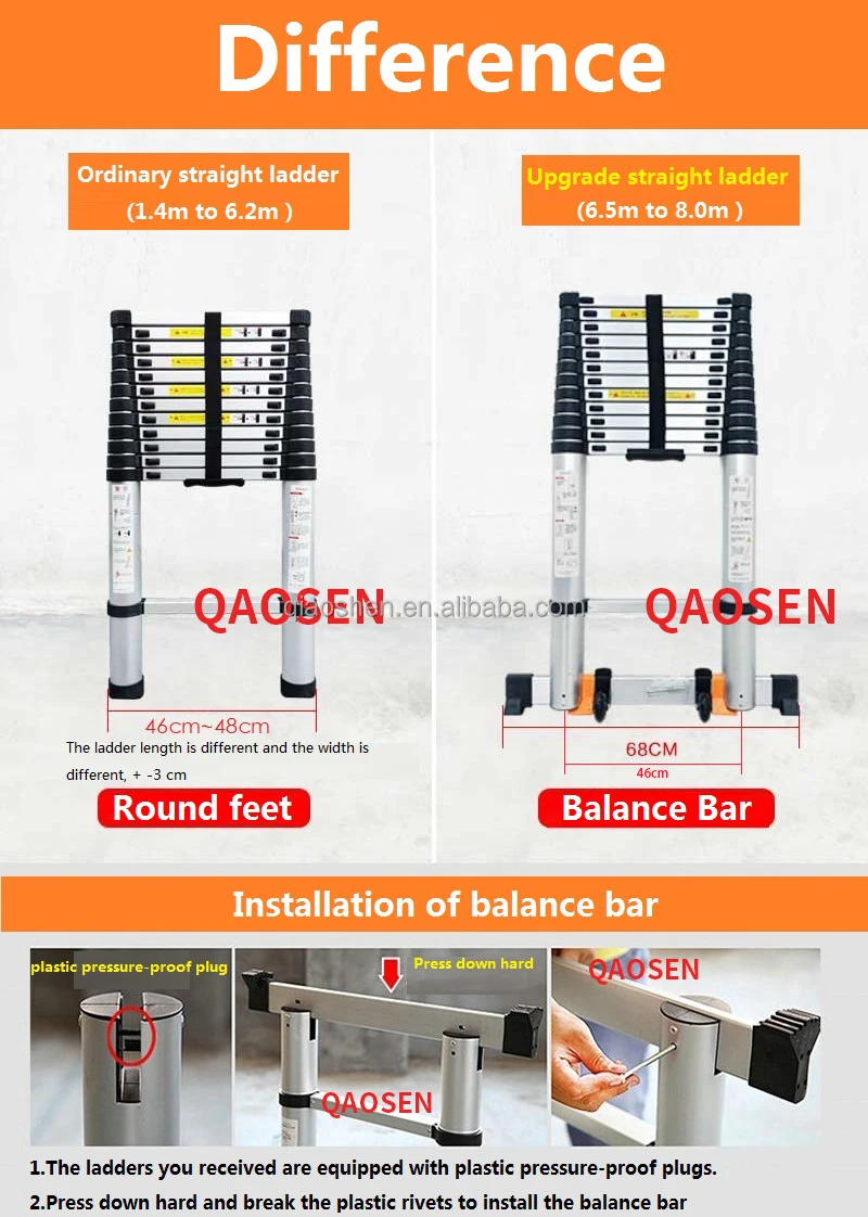 Upgrade 4.6M Single Telescopic Ladder Aluminum with Balance Bar Silver Industrial Outdoor Ningbo Free Spare Parts 12 Steps 50PCS