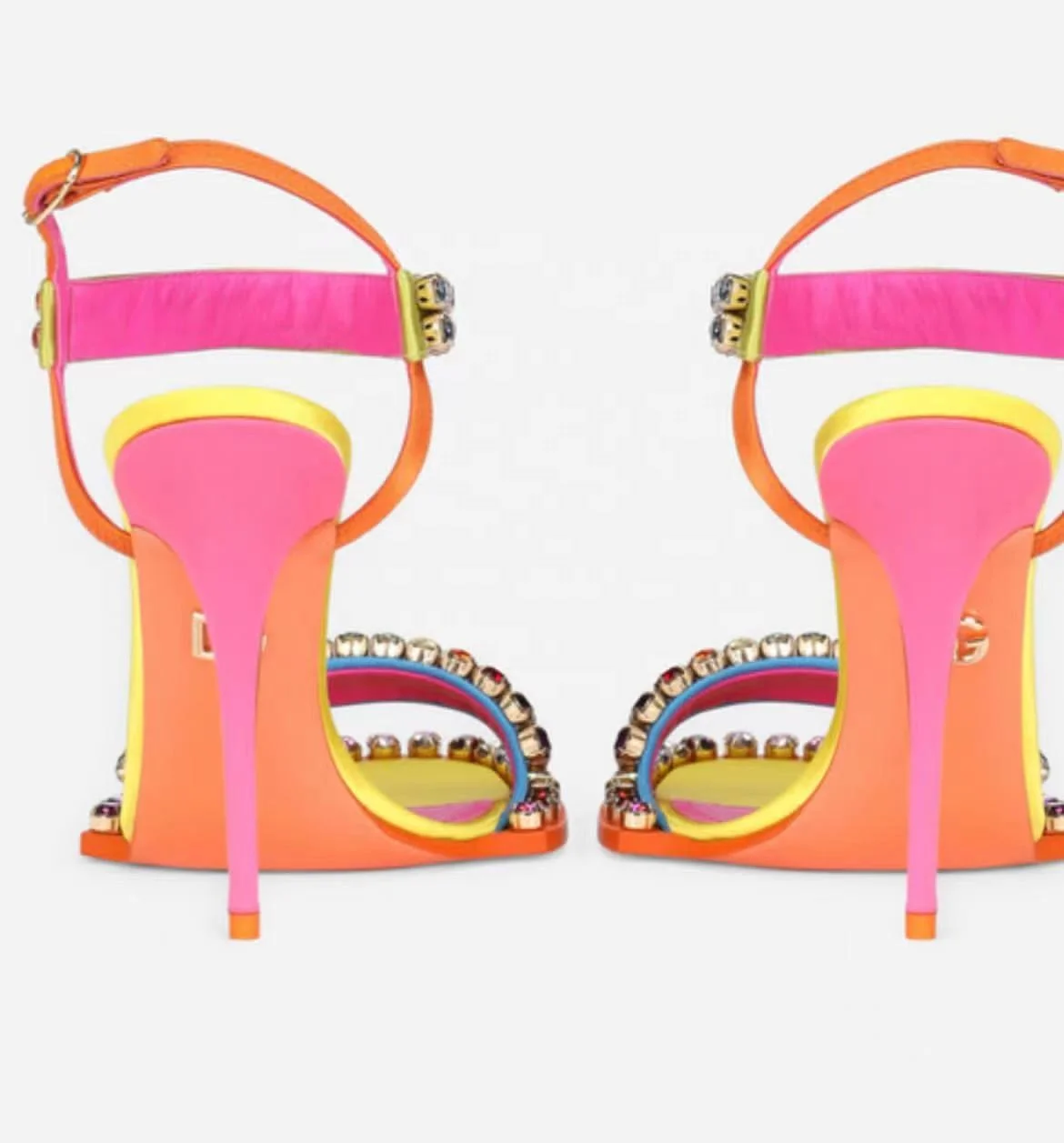 Brand diamonds heels big rainbow rhinestone strap neon pink yellow orange outsole oem sandal sexy ladies stiletto high heels