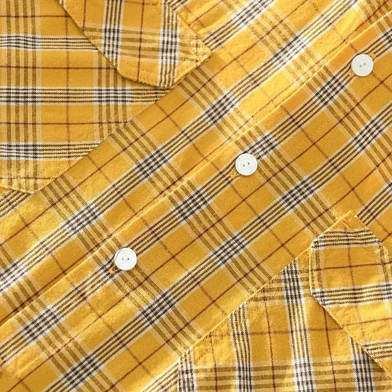 Kafany Garment Classic Plaid Shirt for Men Summer Casual Loose Lapel Pocket Cotton Linen Short-Sleeved Youth Male Clothes