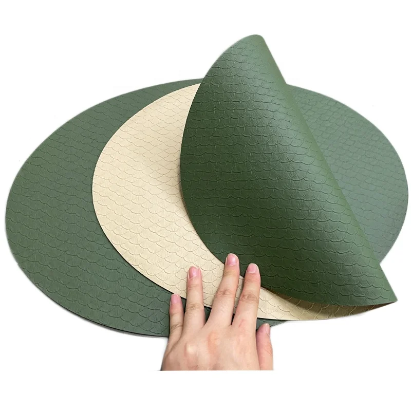Fish Scale Pattern Double-Sided Green White Elegant  Oval PU leather Place mat 2024 placemat for table