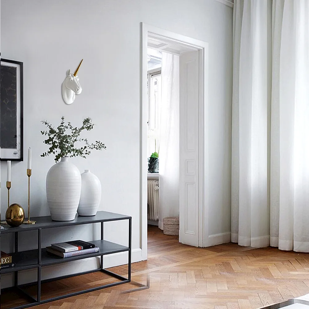 
GOLD Wall Mount White Unicorn Head Sculpture With Gold Horn Faux Resin Animal Head Wall Decor Ready To Hang - 10x5x13 In 