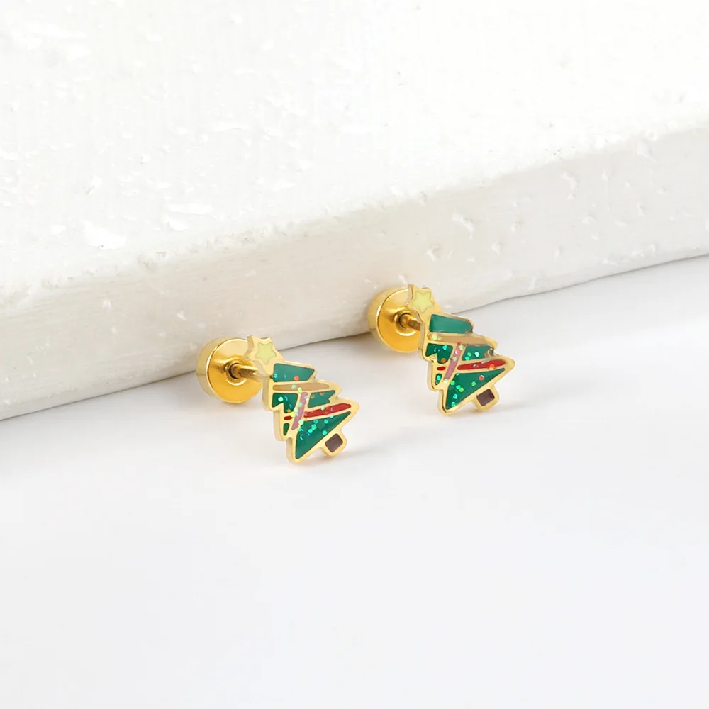 Christmas Cartoon Snowman Cane Elk Reindeer Tree Screw Plug Stud Earrings Antiallergic Stainless Steel Kids Jewelry For Children