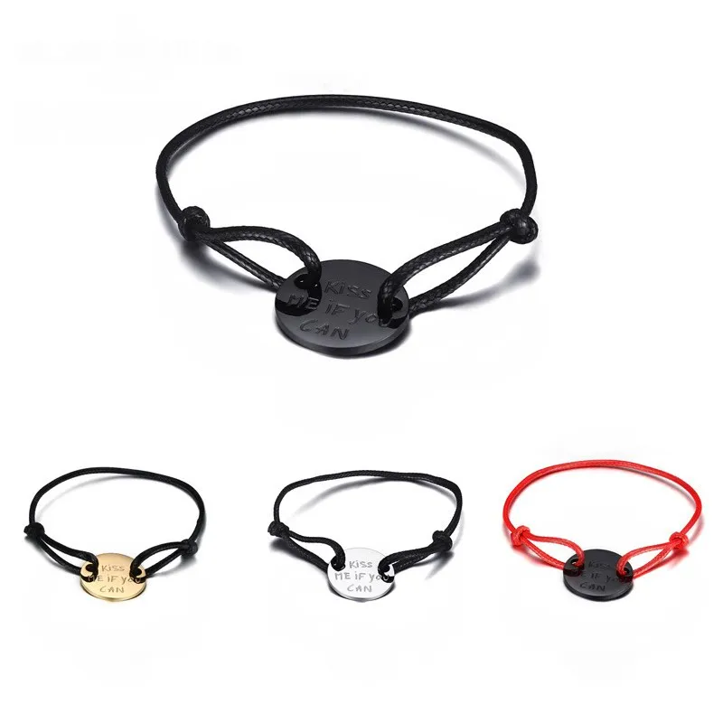 Hot Sales Promotional Gift  Custom Stainless steel Black Wax Cord Bracelet With Logo Engraved Medical Symbol Bracelet Tags