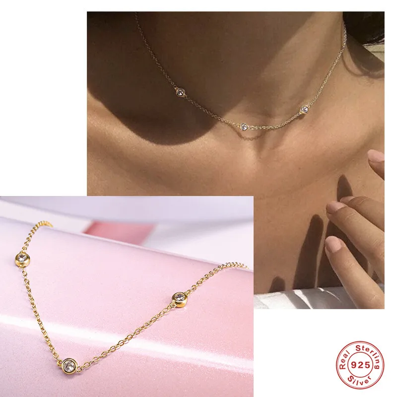 Customize Women Girls 18k Jewelry Small Bezel Cubic Zirconia Diamond 925 Sterling Silver Link Chain