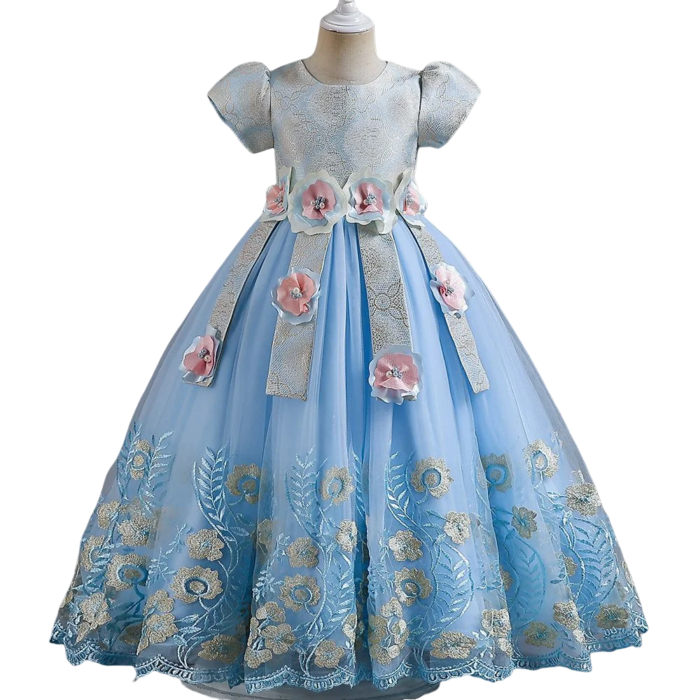 High quality girls short sleeve party ball princess dresses embroidered flower long dress