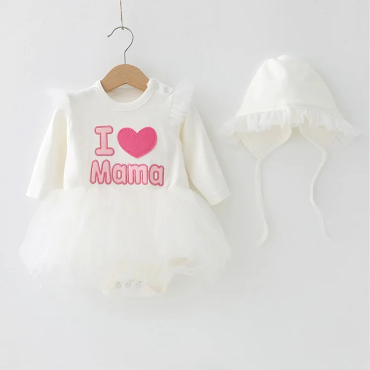 Newborn Baby Girl Romper with Tulle for Autumn Fashion Pink White I love MAMA I Love PAPA Cotton Bodysuit+ Hat Baptism Outfit