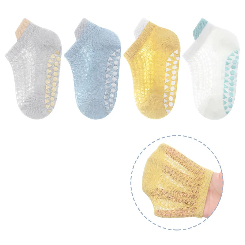 Cotton anti slip baby trampoline socks baby and toddler floor socks 4-pair set of glue mesh boat socks