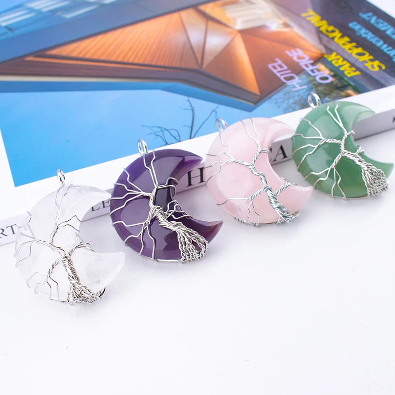 Tree Life Crescent Moon Necklace Wire Wrap Gemstones Healing Crystal Pendant Necklace Quartz Jewelry for Women