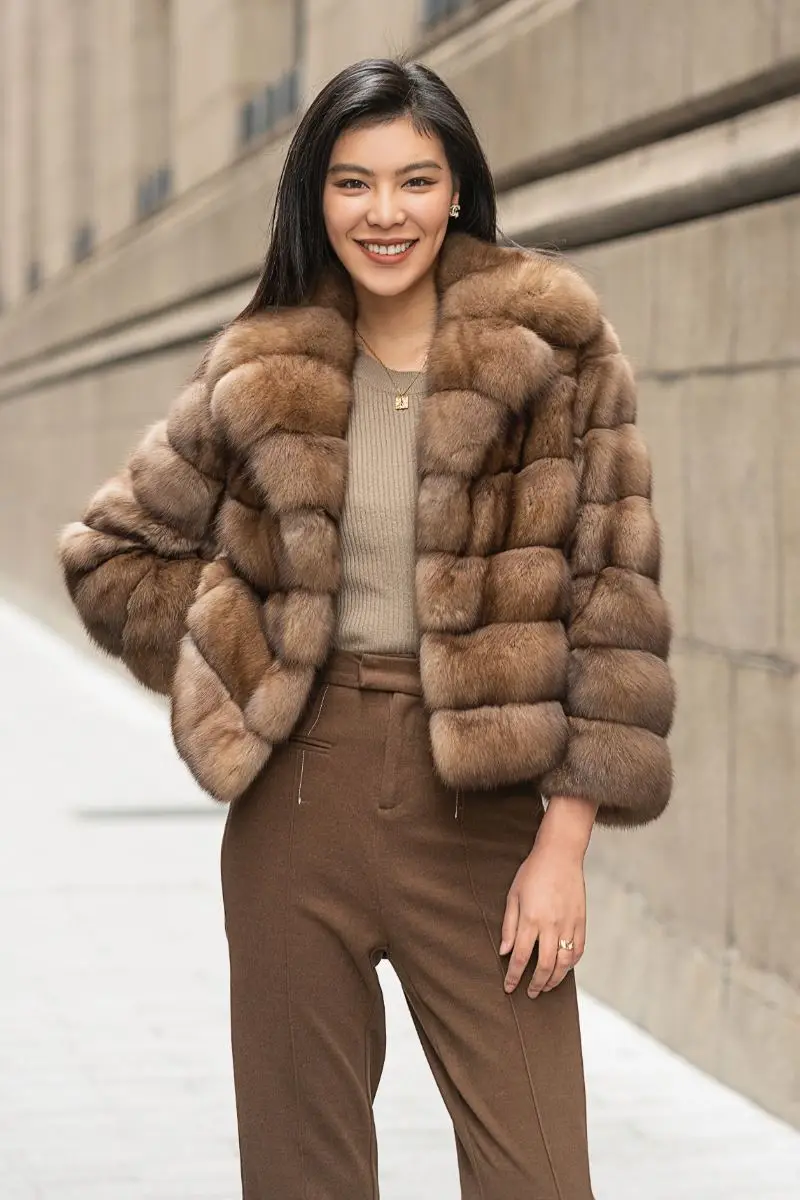 Luxury Smooth Classic Primary Color Real Sable Lapel Fur Coat Winter Long Sleeve Fur Jacket For Women