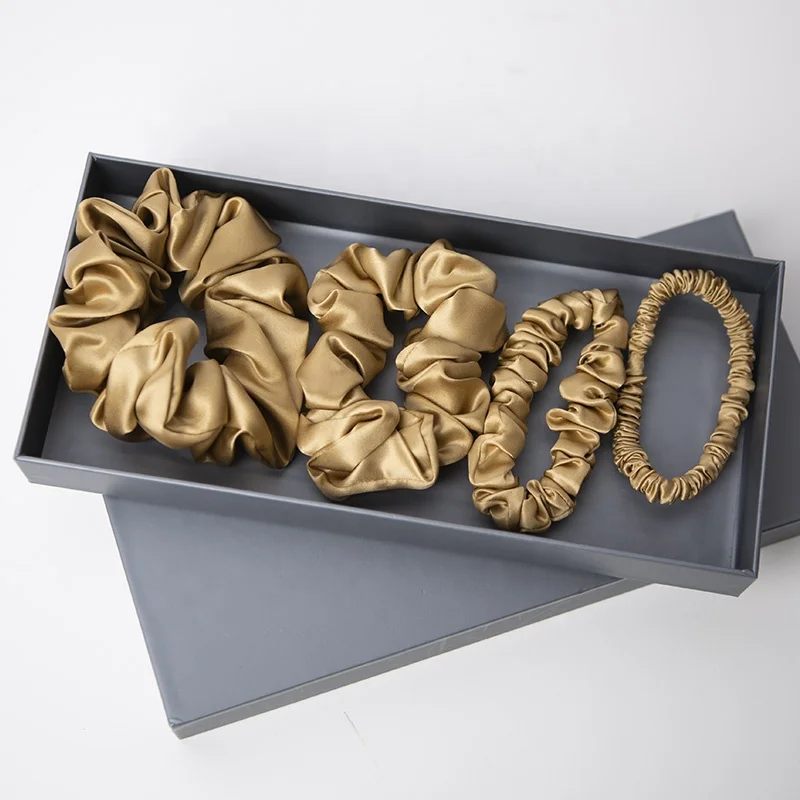 22mm 100% Satin Real Silk Hair Skinny Scrunchies For Hair Accessories Ties 4 Different Size With Box