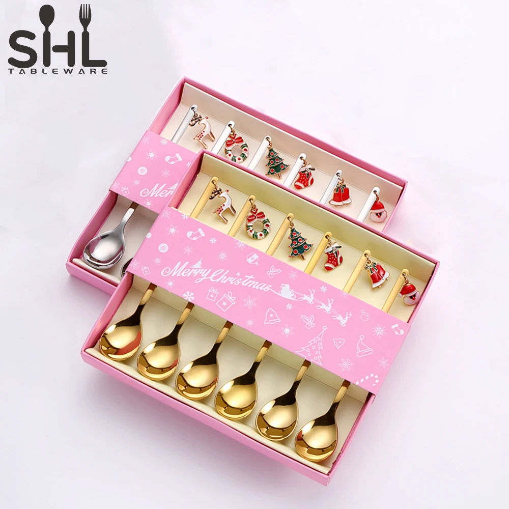 304 Stainless Steel Christmas Design Gold Stirring Cute Dessert Coffee Spoon Fork Set For Gift