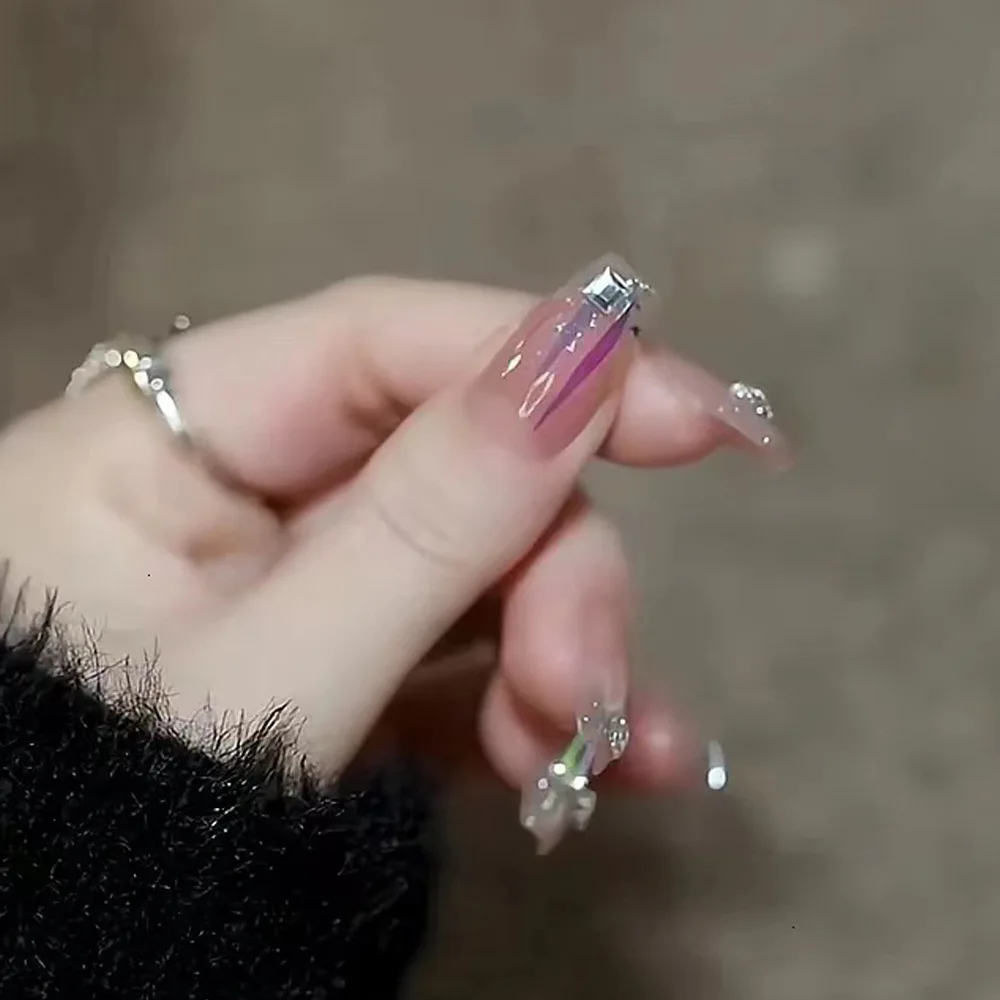 Diamond Medium Length Ballerina Nails Coffin Fake Nails Designs Press On Nails In Bulk Artificial Fingernails With Rhinestone