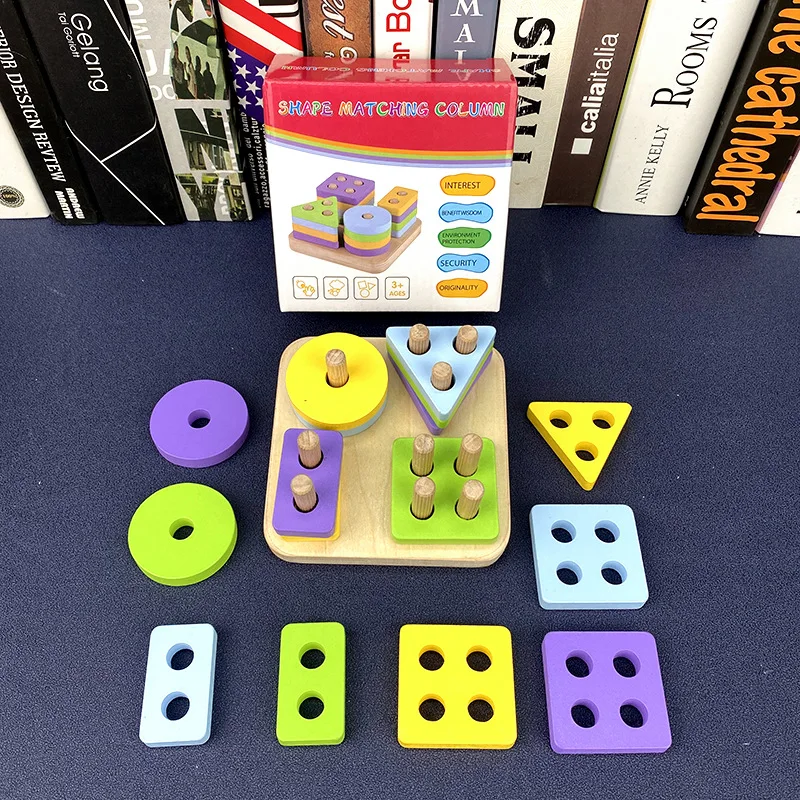 Factory Price Toddler Wooden Blocks Toy Geometric Shape Matching Column Kids Wooden Montessori Educational Toy