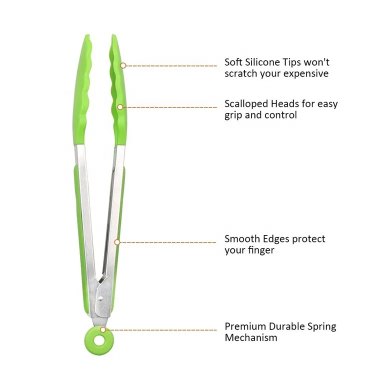 Kitchen Cooking BBQ Salad Grilling Serving Bread Food Metal Utensils Silicone Tong With Custom Logo