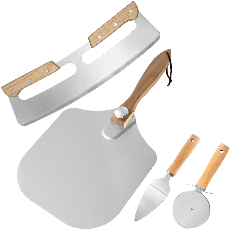 Manjia Stainless Steel Pizza Cutter Server Metal Pizza Turning Peel Set with Folding Wooden handle Accessories